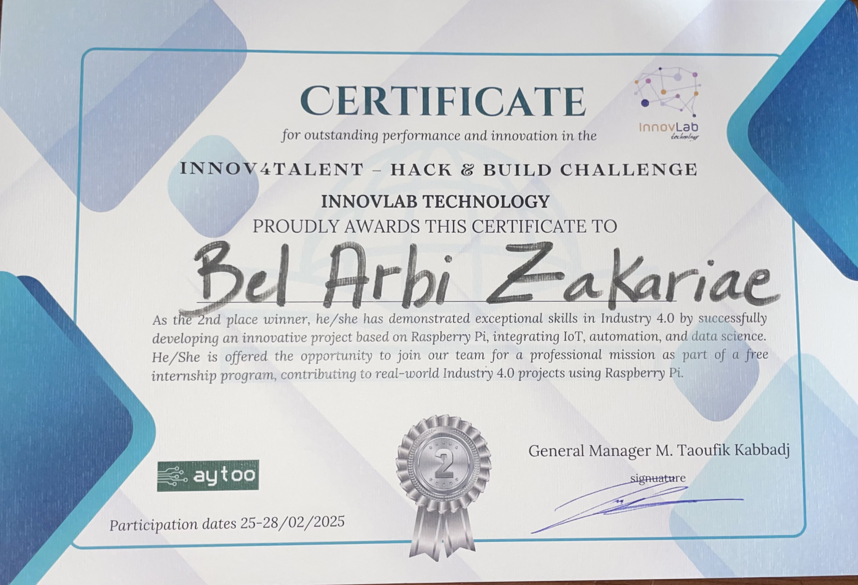Industry 4.0 Hackathon Certificate